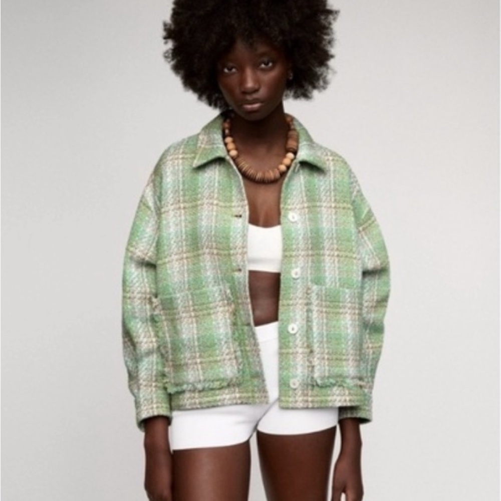 ZARA Textured Green and Beige Cropped Jacket